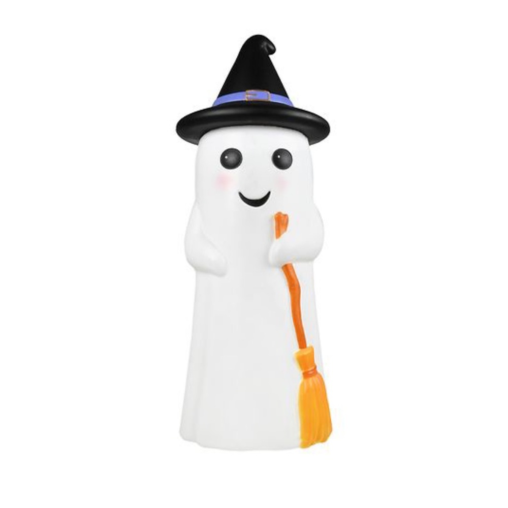 24” Happy Halloween Light Up Ghost Decor with Witch Hat and Broom